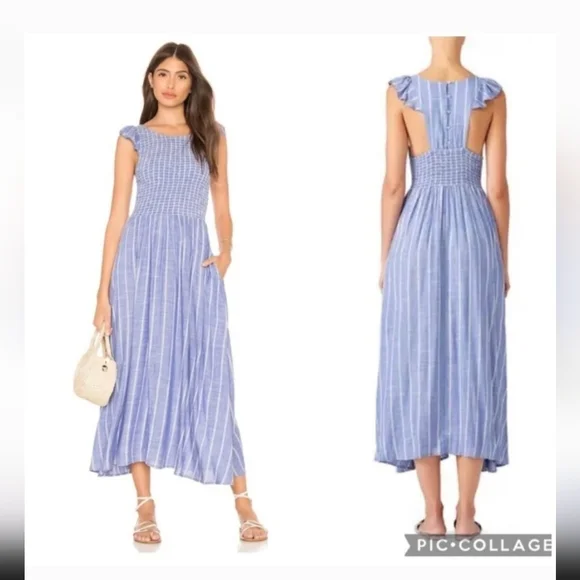 Free People Chambray Striped Dress Pastel Blue Smocked Waist Ruffle - Picture 1 of 7